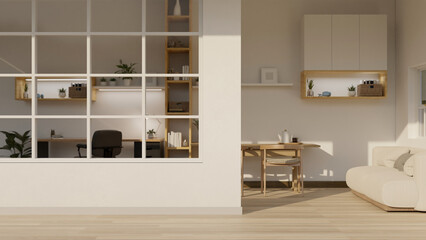 Interior design of a modern minimalist apartment living room with working space and dining space