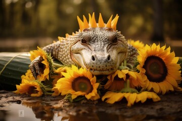 Fototapeta premium A lizard basking on a vibrant bed of sunflowers