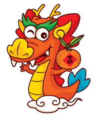 Cartoon cute chinese dragon zodiac holding tangerine orange and riding on cloud character vector. Chinese new year 2024 element