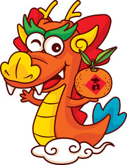 Happy Chinese new year greeting 2024 with cartoon cute dragon zodiac holding tangerine riding on cloud cartoon character illustration