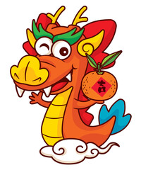 Happy Chinese new year greeting 2024 with cartoon cute dragon zodiac holding tangerine riding on cloud cartoon character illustration