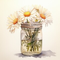 A vibrant still life painting featuring daisies arranged in a mason jar