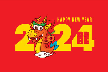 Happy Chinese New Year 2024 greeting design with cartoon cute dragon zodiac character holding mandarin orange on big number sign background