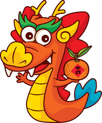 Happy Chinese new year greeting 2024 with cartoon cute dragon zodiac holding tangerine riding on cloud cartoon character illustration