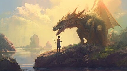 Naklejka premium A person standing on a rock next to a dragon