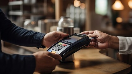 Close-up of a unrecognisable person using credit card to pay at grocery store. Customer making a payment for the purchase using his nfc card at supermarket.