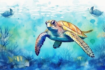 A vibrant underwater scene with a majestic turtle gracefully swimming through the ocean depths