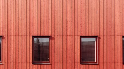 A red building with three windows and a bench in front