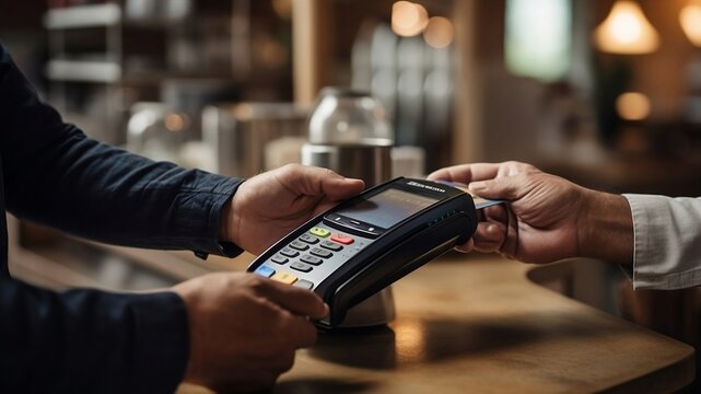 Close-up Of A Unrecognisable Person Using Credit Card To Pay At Grocery Store. Customer Making A Payment For The Purchase Using His Nfc Card At Supermarket.