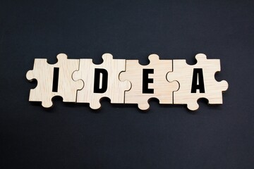 wooden puzzle with the word idea. concept idea or innovation. the concept of thinking