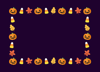 Cute Halloween card template. Rectangle Halloween frame border design with jack o lantern, pumpkins, candy corn. Social media banner post vector illustration.