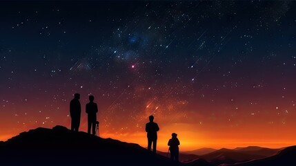 Fototapeta premium People standing on a mountain under a starry night sky
