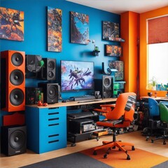 Immersive Gaming Haven: Exploring a Vibrant Room with a Spacious Industrial-Style PC Setup, Towering Speakers, and Captivating Wall Decorations
