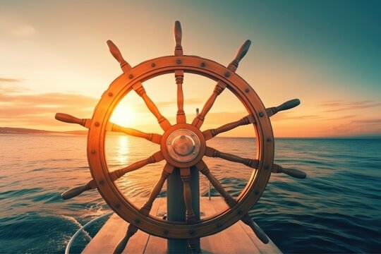 A ship steering wheel in the middle of the ocean