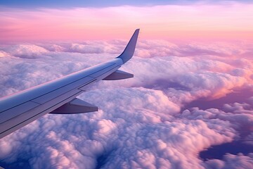 An airplane wing soaring above the clouds