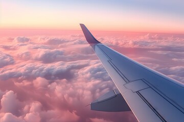 The wing of an airplane soaring above the fluffy clouds
