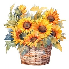 A vibrant watercolor painting featuring a basket filled with sunflowers