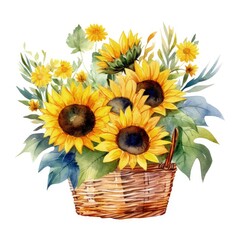 A vibrant watercolor painting capturing the beauty of sunflowers in a rustic basket