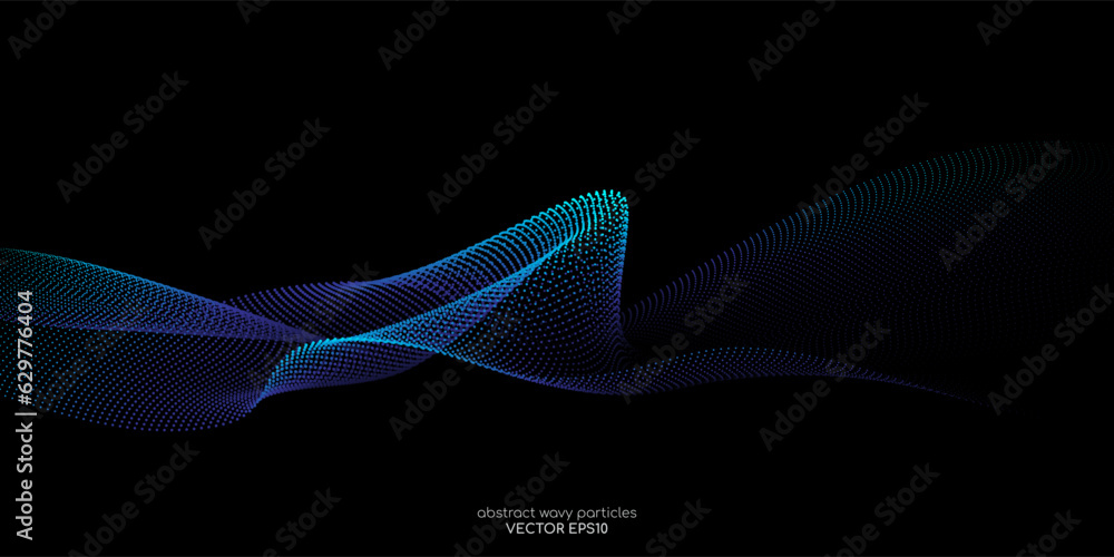 Aufkleber Flowing dot particles wave pattern blue and green gradient light isolated on black background. Vector in concept of AI technology, science, music.