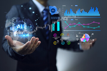 Businessman analyze business investment data from around the world using AI to help gather and summarize data into graph and chart in various form to be easy understand such as line, bar, pie charts