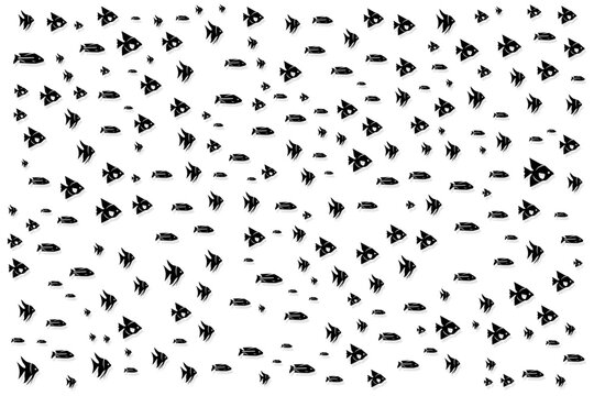 Seamless black sea fish artistic textile texture pattern on white background