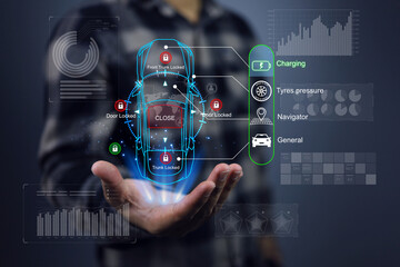 The user holds a car hologram in his hand and monitors the engine and operation of the electric vehicle, reporting on virtual screen such as tire pressure, navigation, charging and general systems.