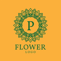 flower frame letter P initial vector logo design