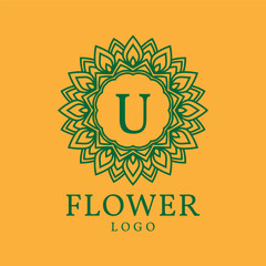 flower frame letter U initial vector logo design