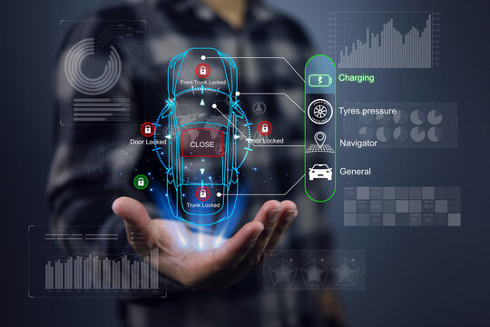 The user holds a car hologram in his hand and monitors the engine and operation of the electric vehicle, reporting on virtual screen such as tire pressure, navigation, charging and general systems.