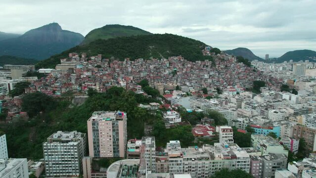 Aerial view of Favela in forested mountain between Copacabana and Ipanema Neighborhood, Rio de Janeiro