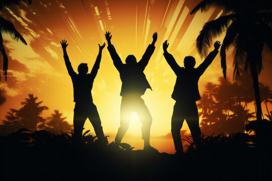 Three People Jump for Joy, Silhouettes of Men Celebrating at Sunset