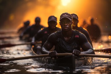 A team of rowers power through the river's currents with synchronized strokes, navigating the race...