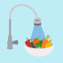 Vegetable have clean by water before cooking. In the bowl have carrot broccoli brinjal and capsicums.