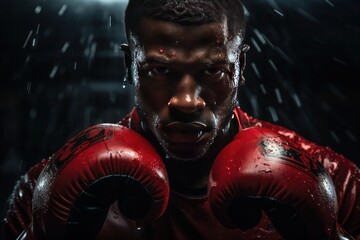 An emotive image of a determined boxer, frozen in action in a dimly lit gym, encapsulating the resilience and struggle of his rigorous training.