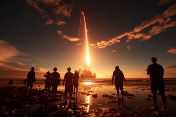 A crowd of spectators stands breathless as a space shuttle roars into the deep blue sky, a mesmerizing testament to human achievement.
