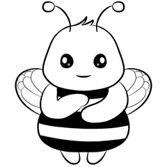 cartoon bee isolated on transparent background, little cute baby bee sketch outline illustration 