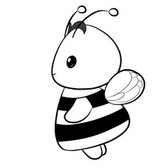 Cute bee cartoon isolated on transparent background, sketch drawing outline bee illustration 