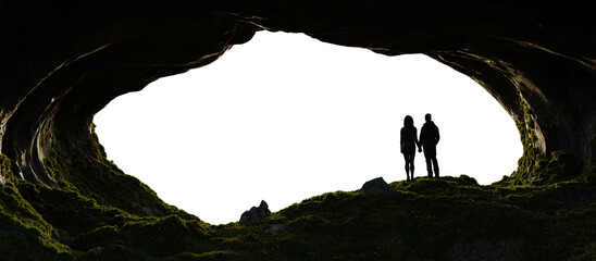 Man and Woman hiker standing on top of mountain. PNG Cutout. Adventure Composite