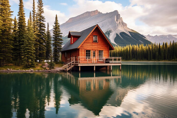 Fototapeta na wymiar Cabin on lake in Banff Canada