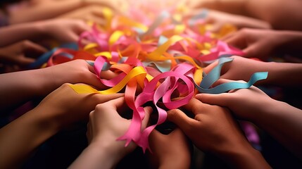 Hand with ribbon commemorate cancer day - obrazy, fototapety, plakaty