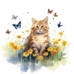 Watercolor illustration of a cat enjoying a sunny day in a colorful flower field