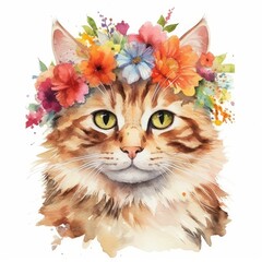 Watercolor illustration of a cat wearing a charming flower crown