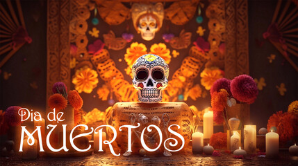 Day of The Dead or  Dia de los Muertos Poster Design with Sugar Skulls, Orange Flowers and Burning Candles.