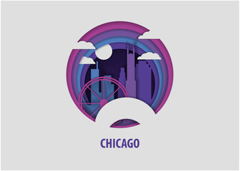 USA United States Chicago creative paper cut layer craft vector illustration. Origami style Illinois state city skyline travel art in depth illusion