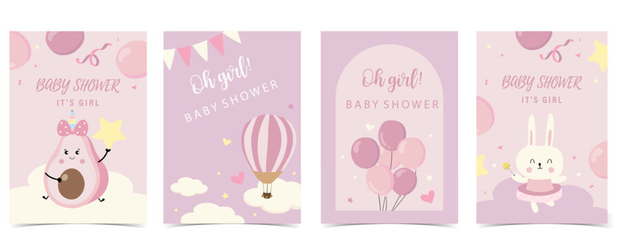 Baby shower invitation card for girl with balloon, cloud,sky, rabbit,pink