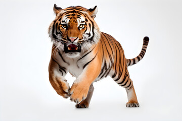 Tiger isolated on white background jumping. Animal front view portrait.