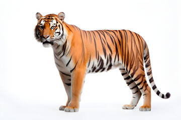 Tiger isolated on white background. Animal left side portrait.