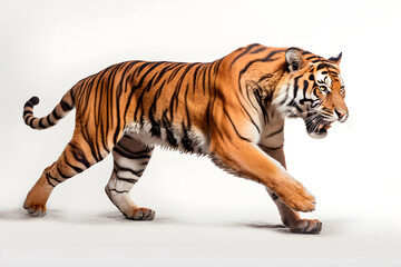 Tiger isolated on white background running. Animal side portrait.