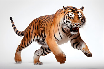 Tiger isolated on white background jumping. Animal side portrait.