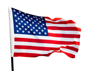 American flag waving against white sky background